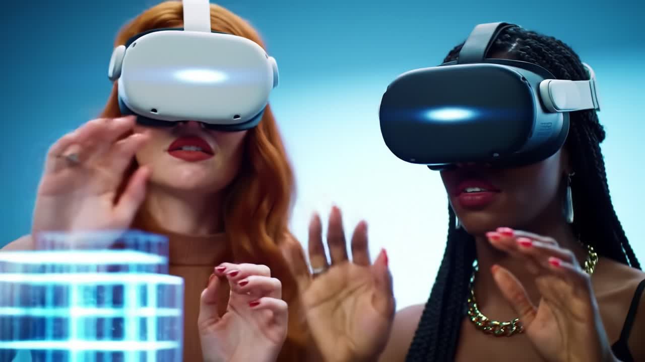 Two women are fully engaged in an immersive virtual reality experience at a tech event. They interact with digital elements and showcase excitement as they explore new technologies.