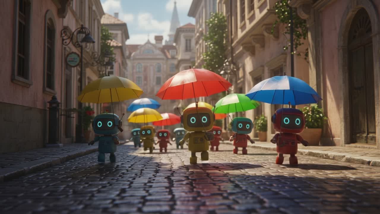 A Charming Parade of Colorful Robots with Umbrellas Strolling Down a Cobblestone Street, Showcasing Their Unique Personalities in a Whimsical Cityscape
