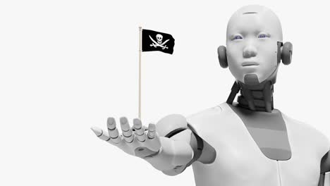 humanoid rises hand with pirate flag in palm, malicious intentions