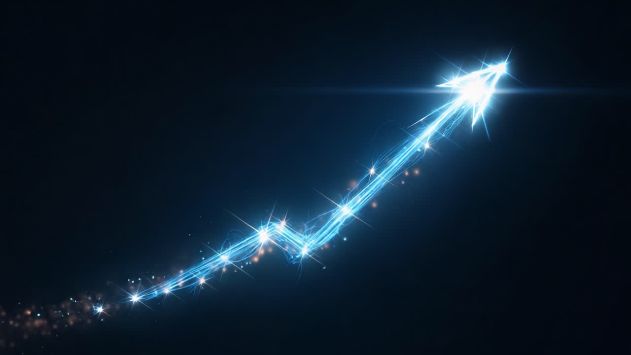 A Stunning Visual Depiction of an Ascending Arrow Illuminated by Sparkling Particles against a Dark Background, Signifying Progress, Growth, and Positive Momentum