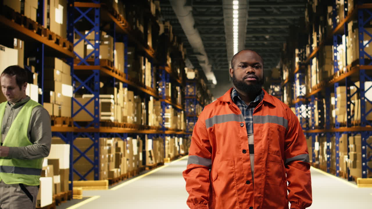 Portrait african american man employee in fulfillment center wears safety gear