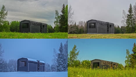 wooden sauna building in countryside shot in all four seasons, fusion time lapse