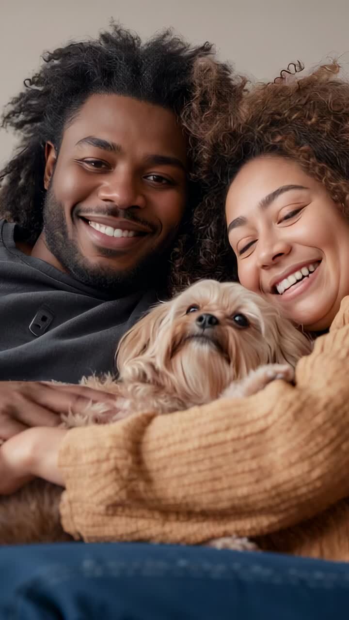 Video verticale: avvio della fotocamera, coppia sorridente che tiene in braccio un cagnolino sul divano, maglione color cammello, felpa scura con cappuccio