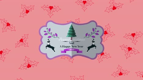 Animation-of-happy-christmas-text-over-holy-pattern-on-pink-background