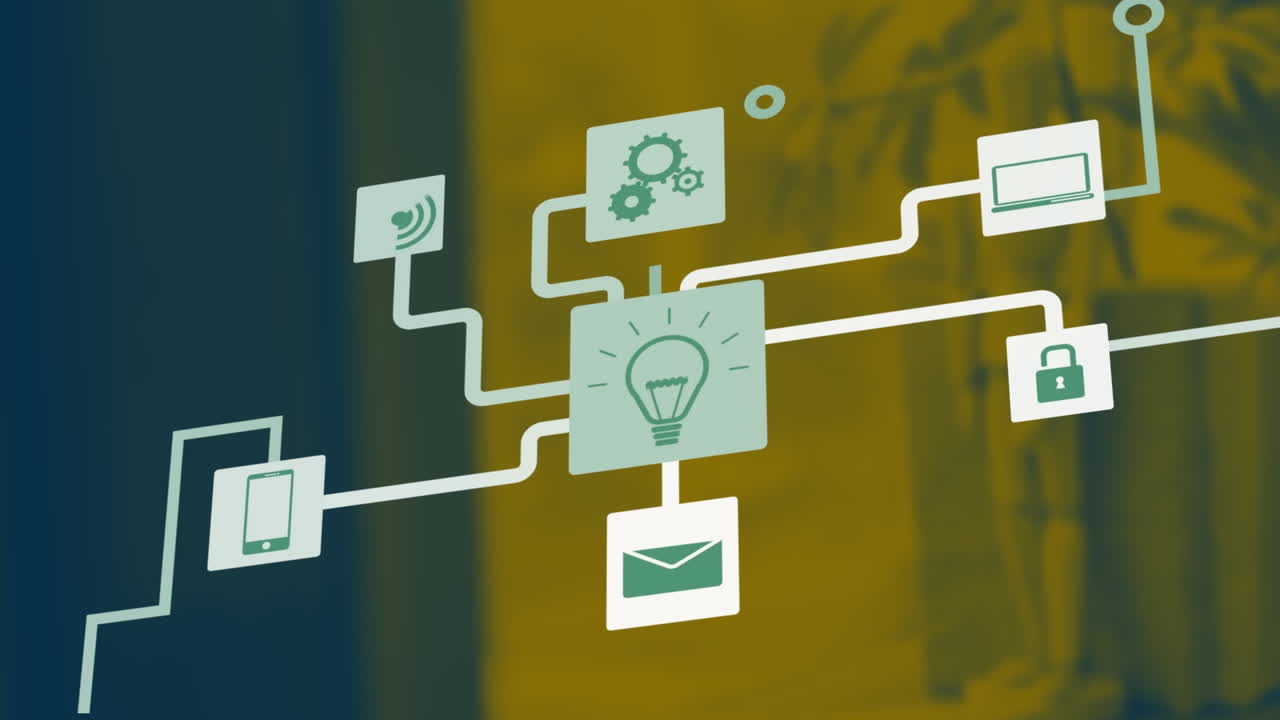 animación de la red de iconos digitales contra la oficina vacía