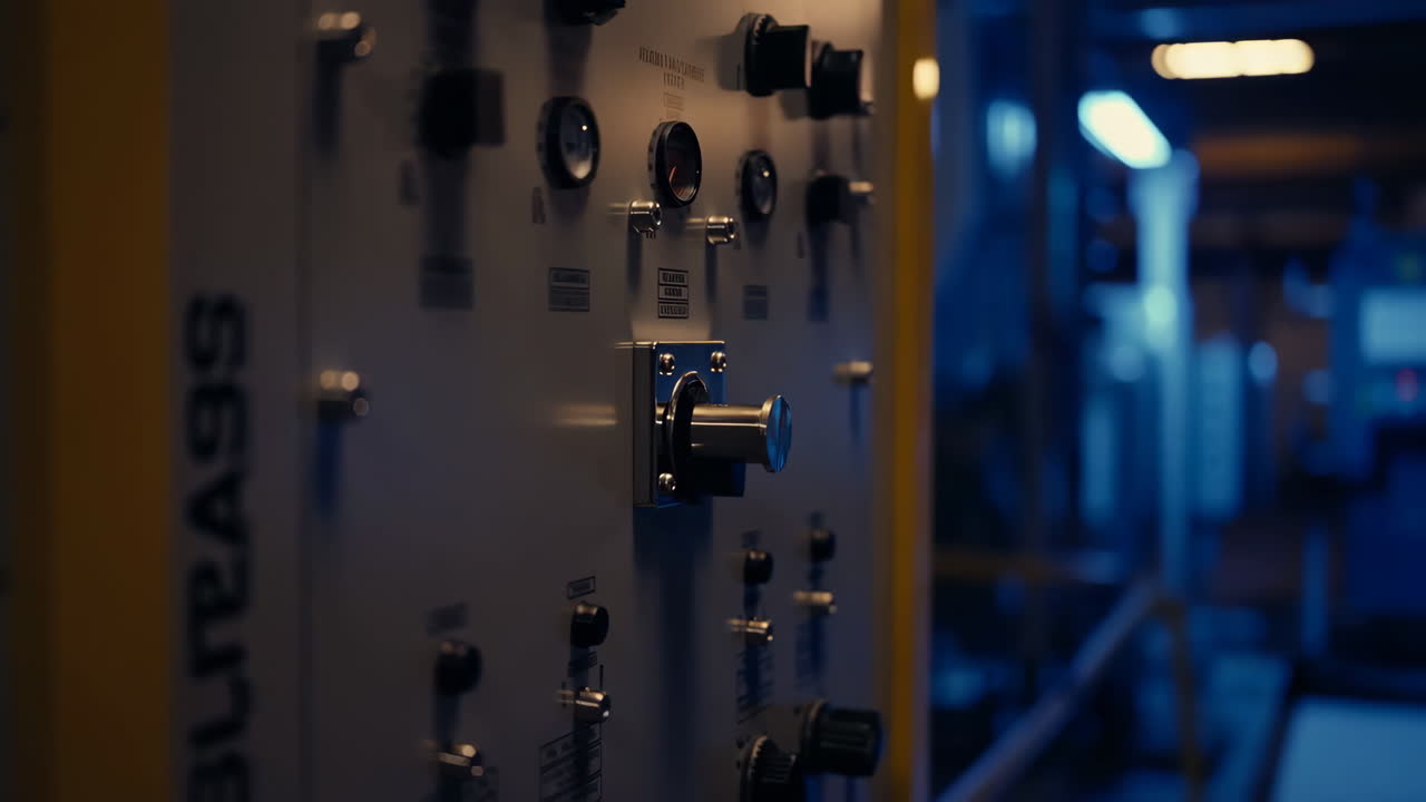 Close-up of an industrial control panel with various gauges and buttons