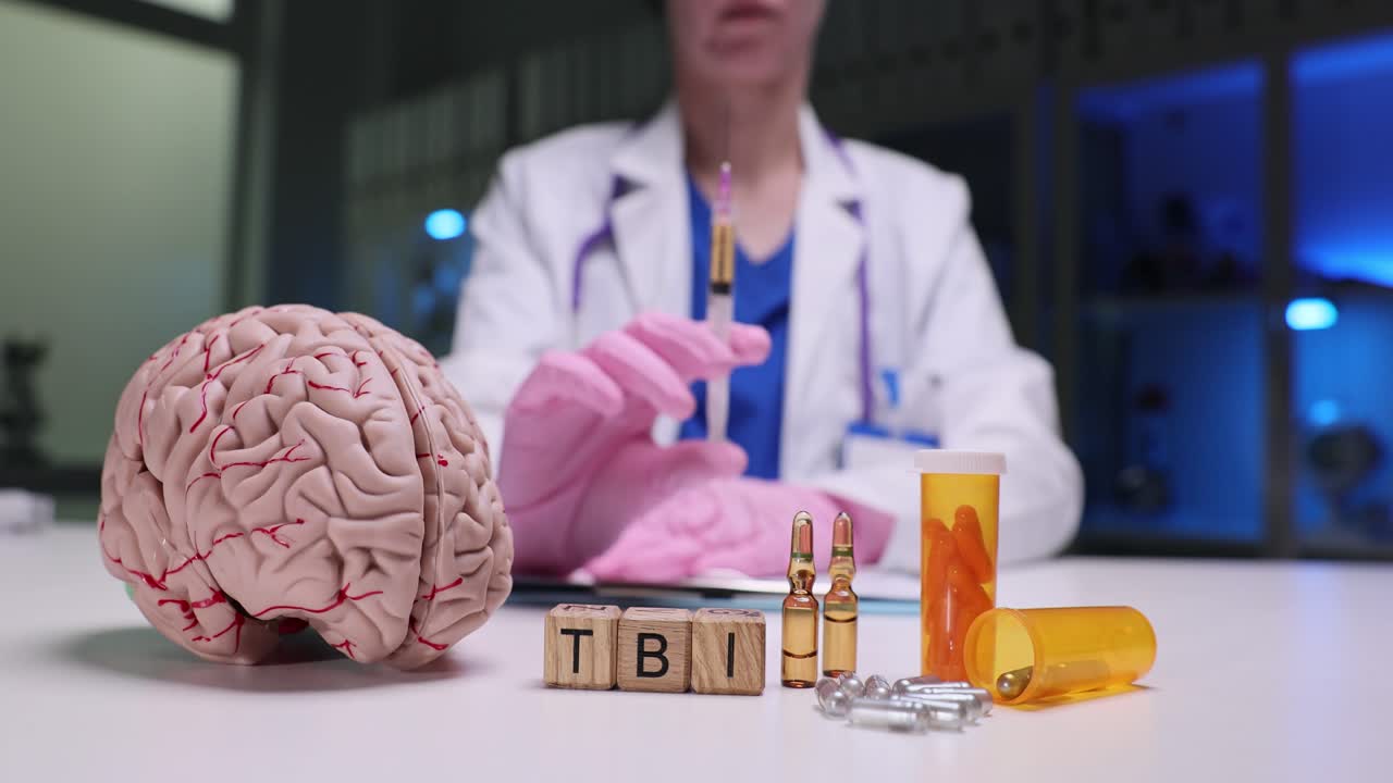 Doctor with Brain Model and Medical Supplies for Traumatic Brain Injury (TBI)