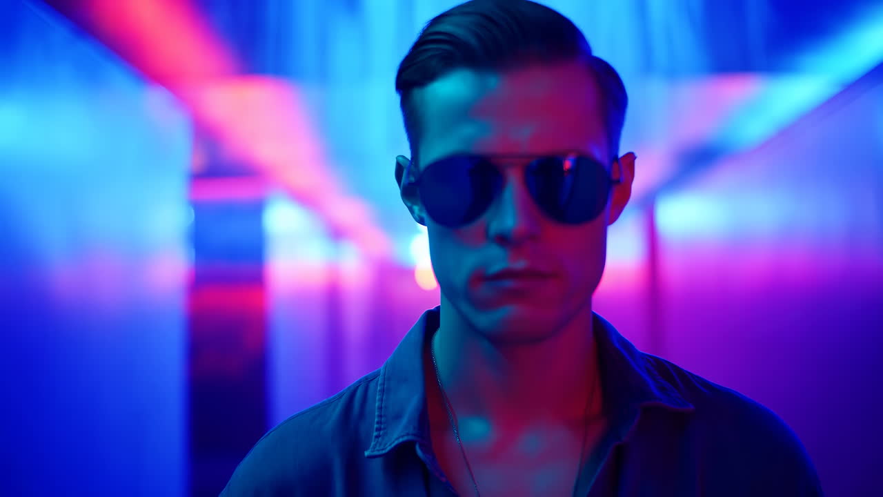 Seriøs mand med solbriller under blåt og pink neonlys