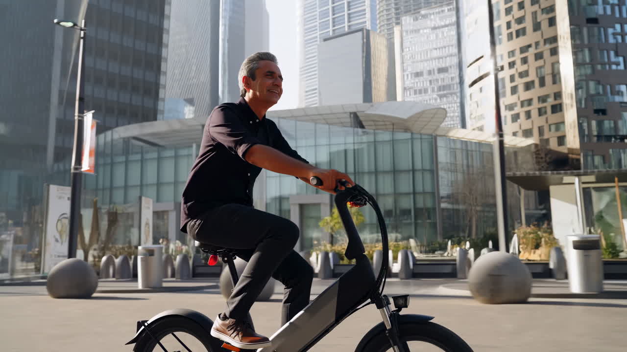 Homem Feliz Andando de Bicicleta Elétrica em Cidade Moderna