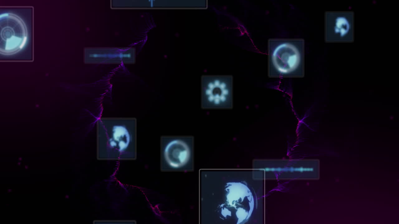 animación de escaneado de visores y procesamiento de datos en fondo oscuro