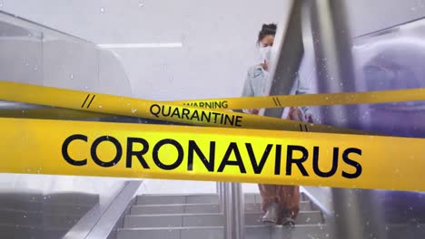 Yellow-police-tapes-with-Warning,-Virus-and-Quarantine-text-against-woman-walking-down-the-stairs