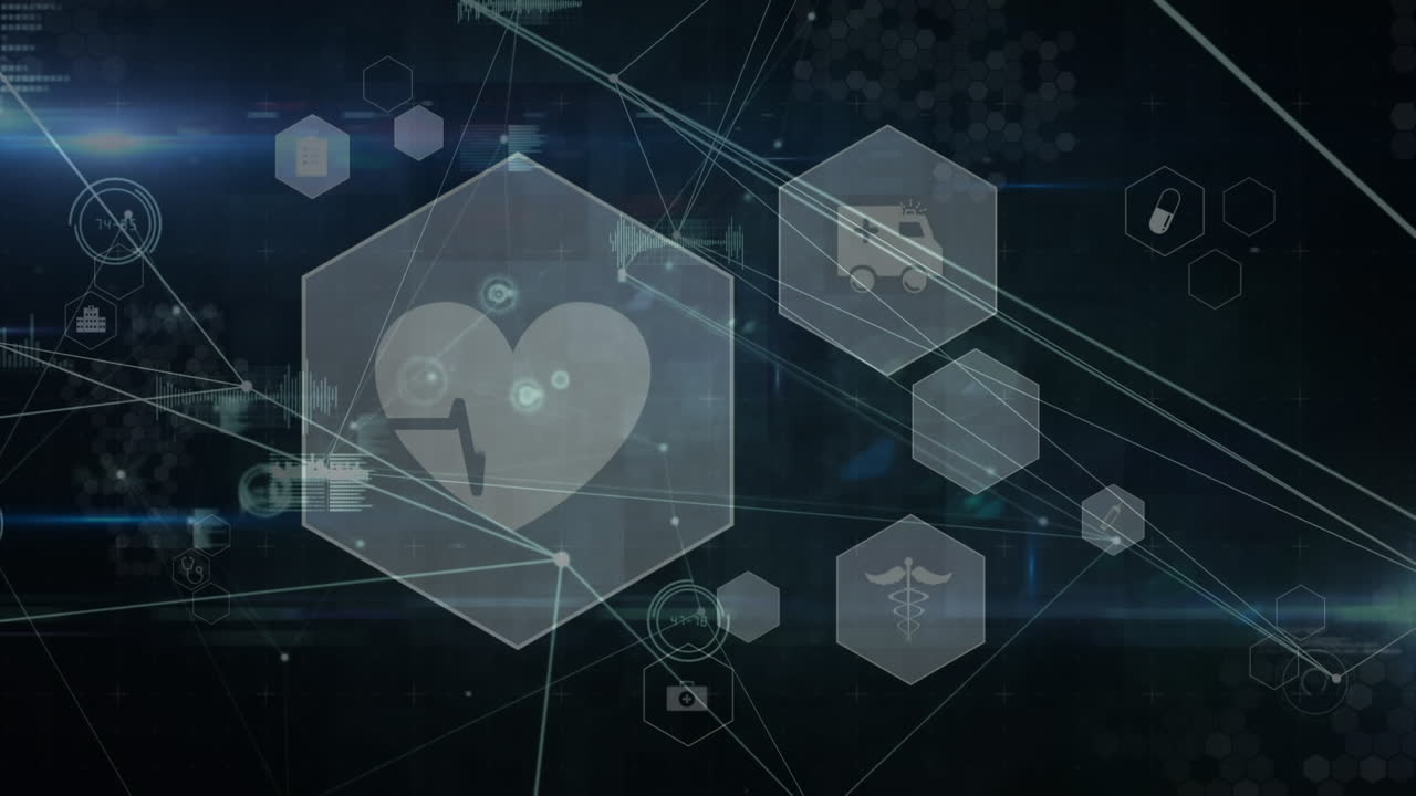 어두운 파란색 배경에 의료 아이콘으로 연결 네트워크의 애니메이션