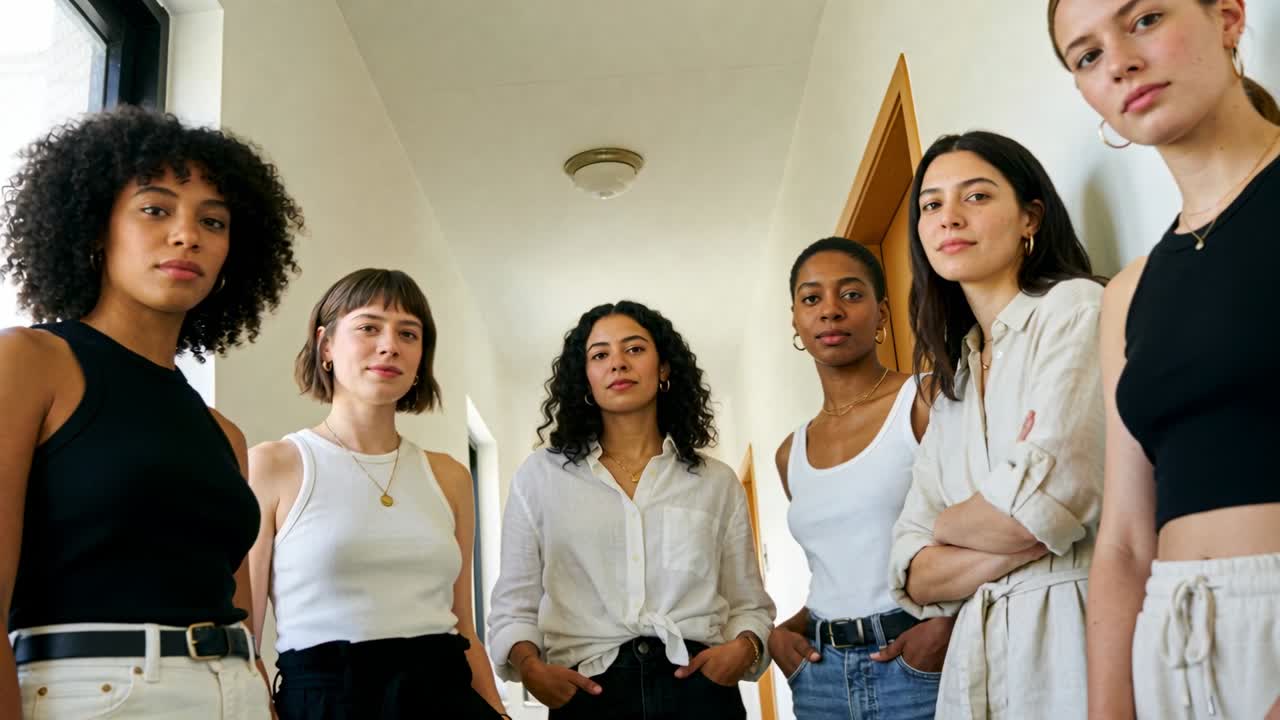 Seis mulheres em pé com as mãos nos bolsos em um corredor perto de uma janela alta, de frente para a câmera baixa.