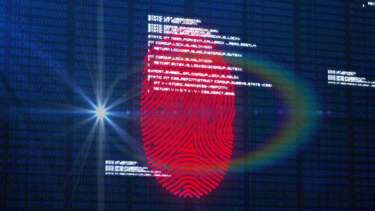 Animation of biometric fingerprint scanner and data processing against blue background