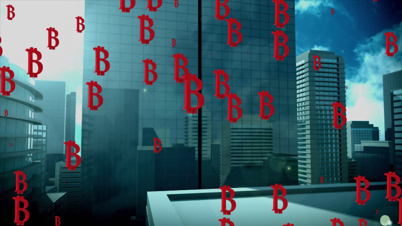 떨어지는 비트코인 애니메이션이 도시 풍경 위에서 노래합니다.
