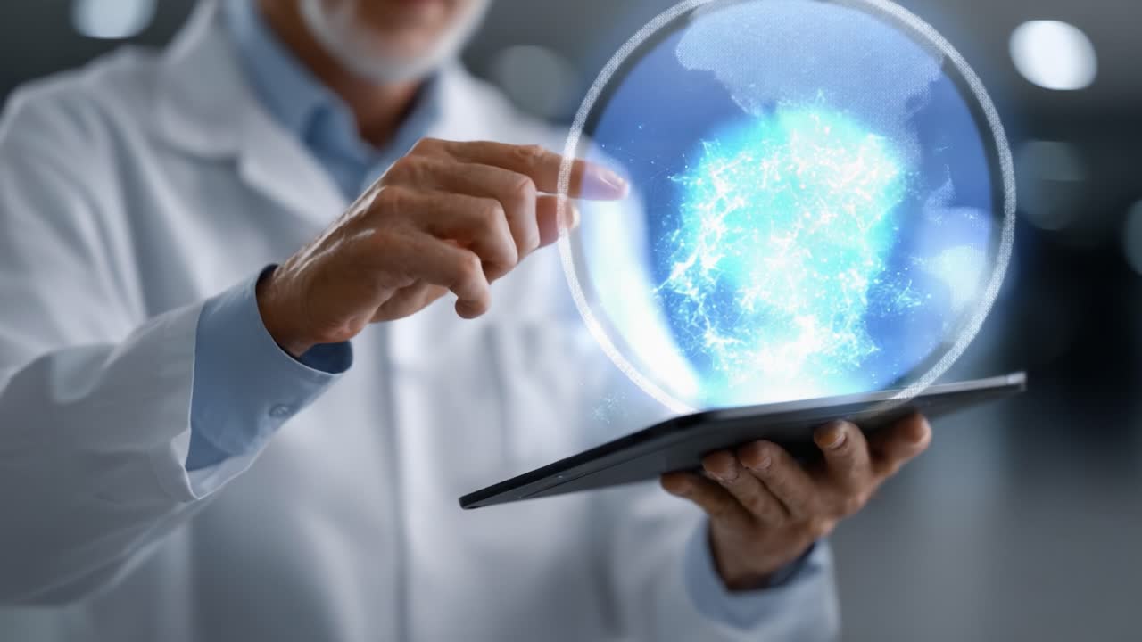 Un Científico con una Proyección Holográfica; Explorando Tecnología Avanzada y Soluciones Innovadoras a Través de una Interfaz de Tableta en un Entorno de Laboratorio