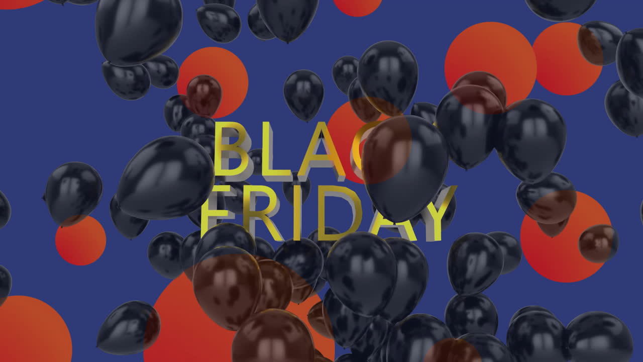 animación de globos negros sobre texto de viernes negro y círculos naranjas sobre fondo azul
