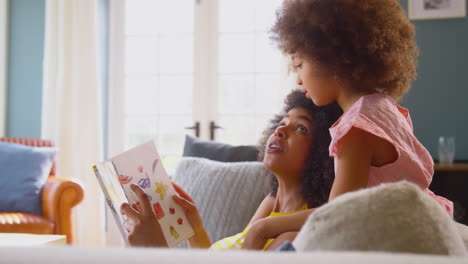 Madre-E-Hija-Relajándose-En-El-Sofá-De-Casa-Leyendo-Un-Libro-Juntas