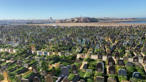 field of tombstones in a vast moroccan cemetery in the atlantic bay of rabat