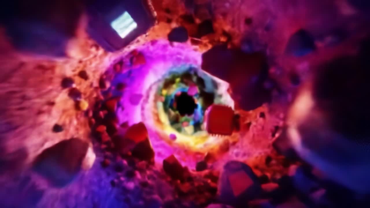 Spectacular visuals reveal a mesmerizing cosmic tunnel swirling with vibrant colors and various stones. The captivating journey showcases the beauty and mystery of this otherworldly environment.