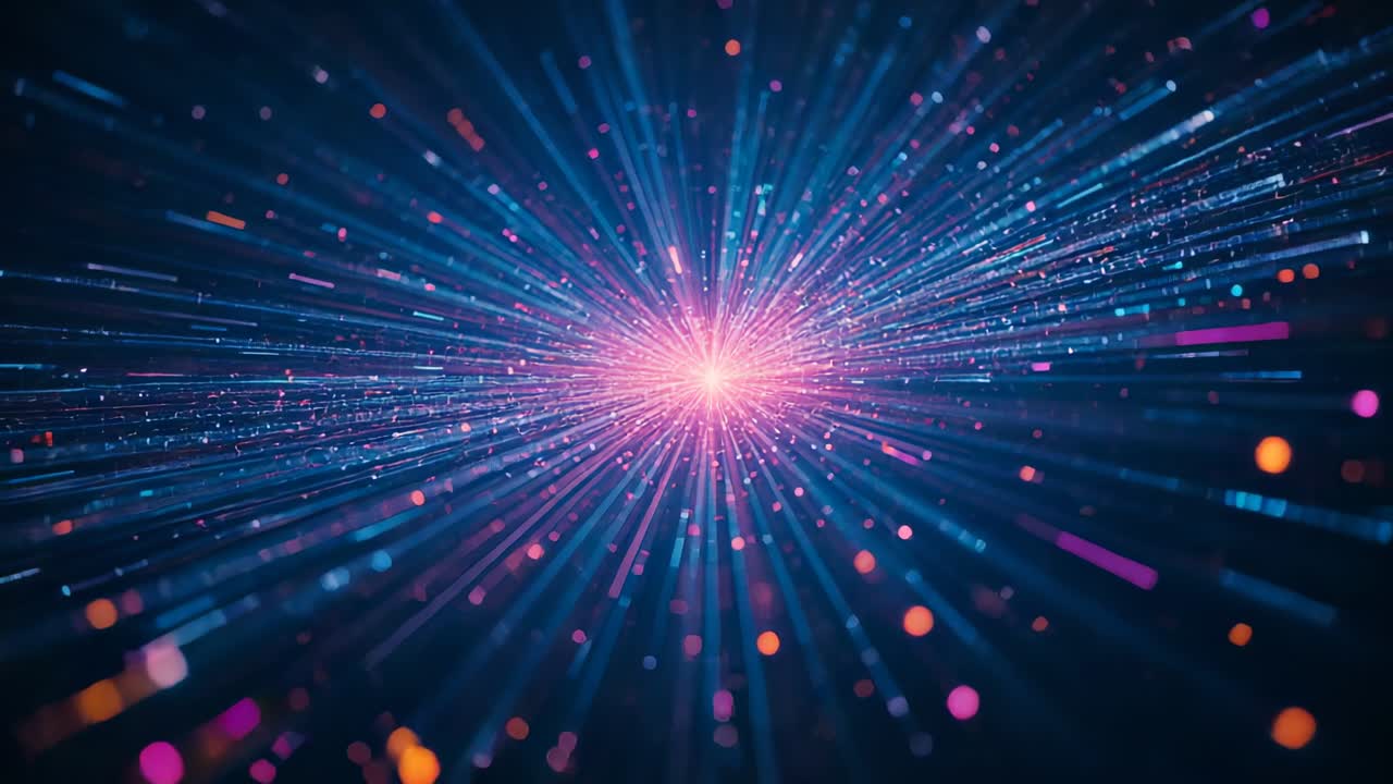 Pulsing luminous core emitting elongating light beams and drifting particles in blue digital space