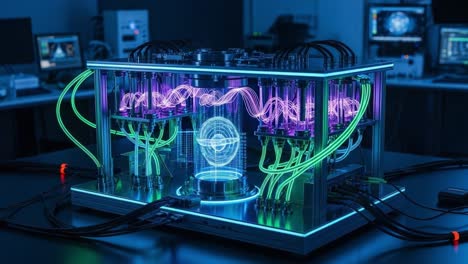 futuristic quantum computing device displaying vibrant energy patterns in a high-tech laboratory setting with advanced visual technologies