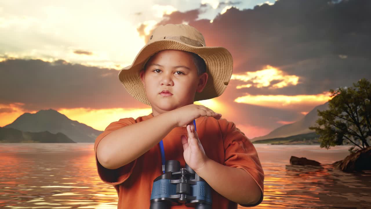 Asian Boy With A Hat And Binoculars Shaking Head Showing Time Out Gesture At A Lake. Boy Researcher, Travel Tourism Adventure Concept, Close Up