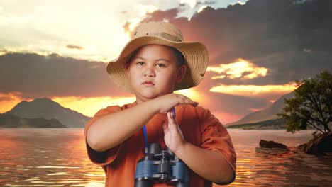 asian boy with a hat and binoculars shaking head showing time out gesture at a lake. boy researcher, travel tourism adventure concept, close up