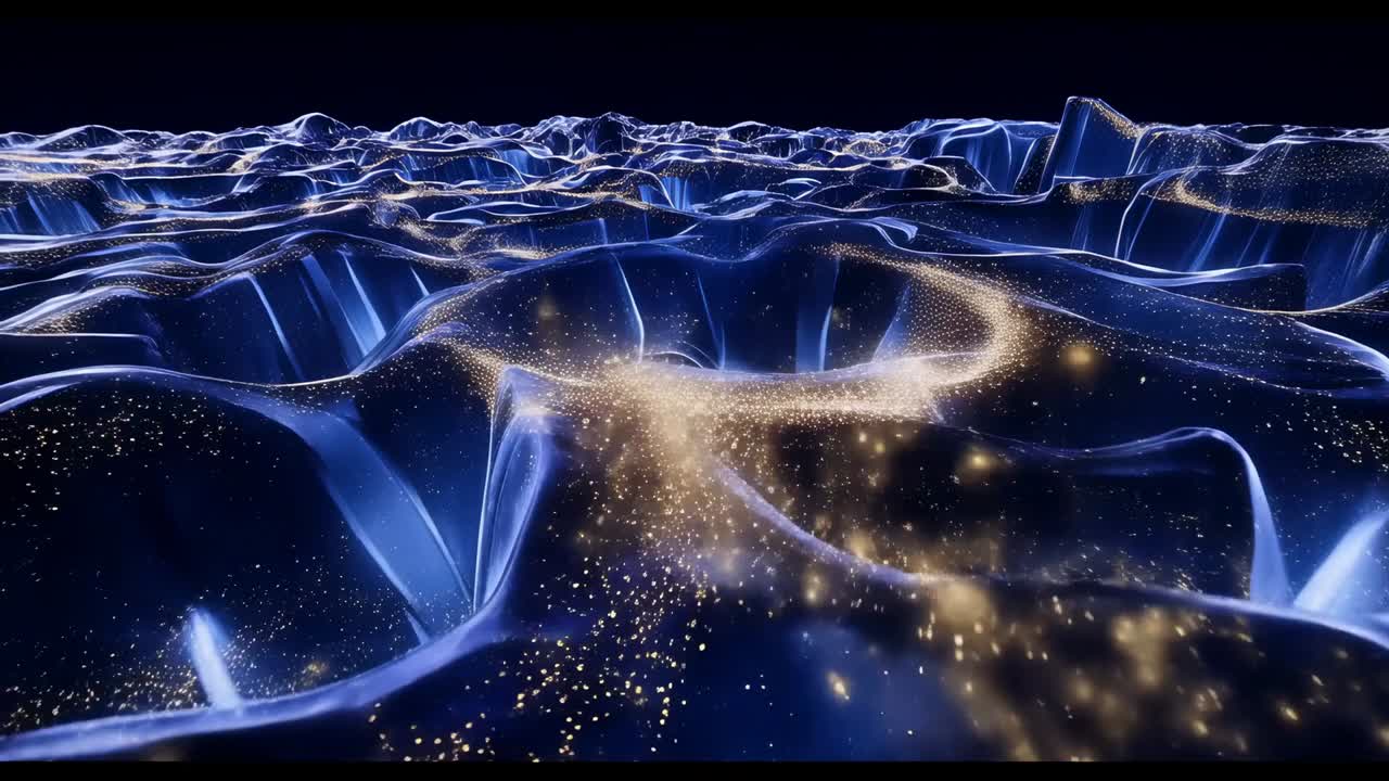 Advancing camera revealing sheer blue wavy surface at black void, golden ring spiraling into funnel