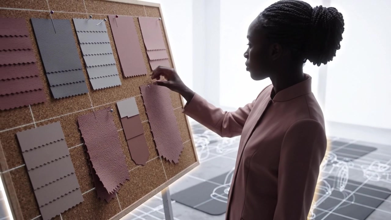 A thoughtful designer examines fabric swatches on a corkboard, analyzing color and texture options to inspire the next innovative garment creation concept.