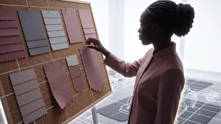 A thoughtful designer examines fabric swatches on a corkboard, analyzing color and texture options to inspire the next innovative garment creation concept.