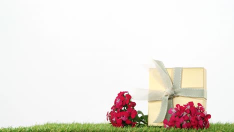 Geschenkbox-Mit-Blumen-Auf-Gras