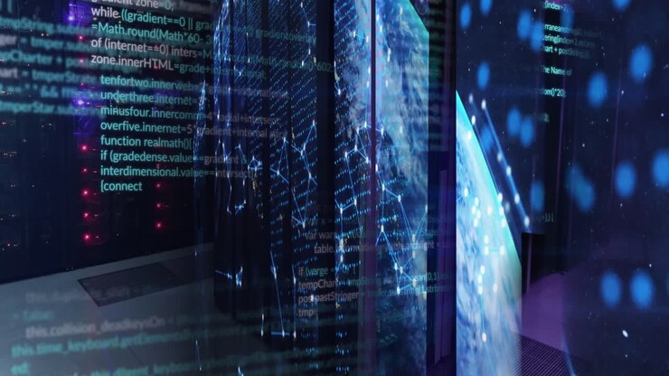 Animation of data processing and globe over server room