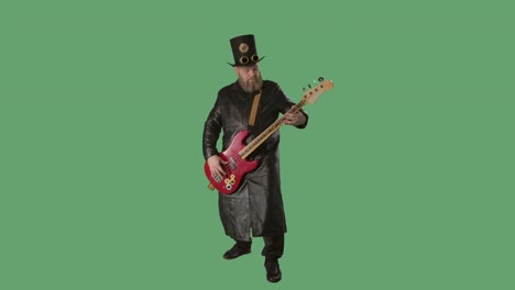 a bearded man in a long leather coat and an irish-style hat plays the red guitar. rock musician plays bass guitar in studio on green screen chroma key. slow motion