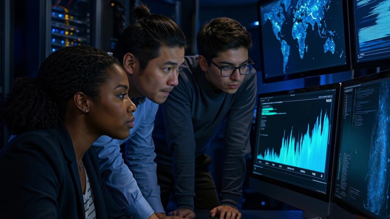 Diverse group of IT specialists analyzing global data and network connections on large monitor screens