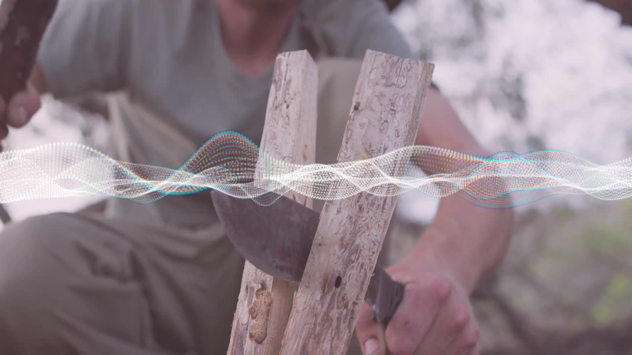 Man carving wood outdoors, using AR technology wave overlay illustrating carving steps