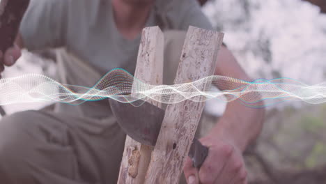 man carving wood outdoors, using ar technology wave overlay illustrating carving steps