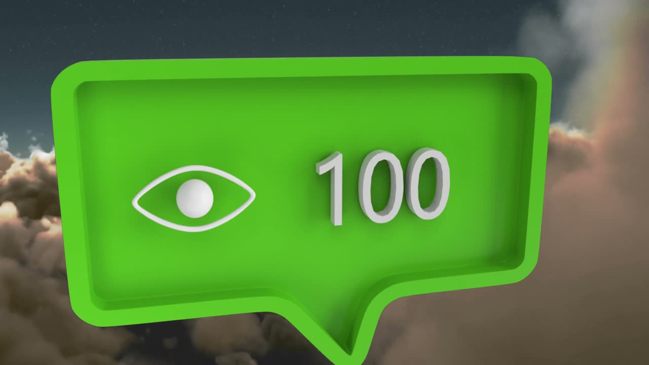 animación del icono del ojo con números en la burbuja del habla sobre el cielo y las nubes