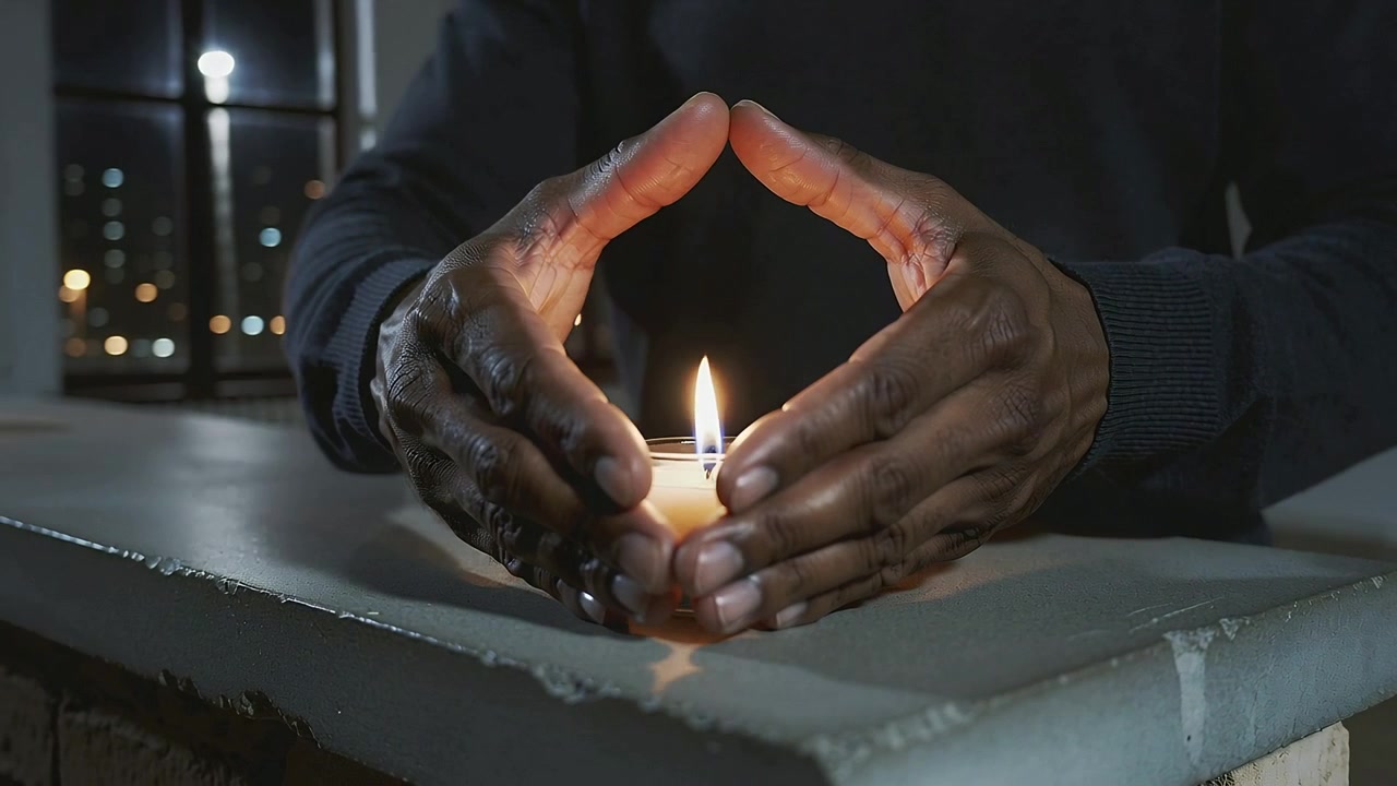 Moving dark hands in dark sweater, cupping lit candle on ledge from loose cup, protecting flame