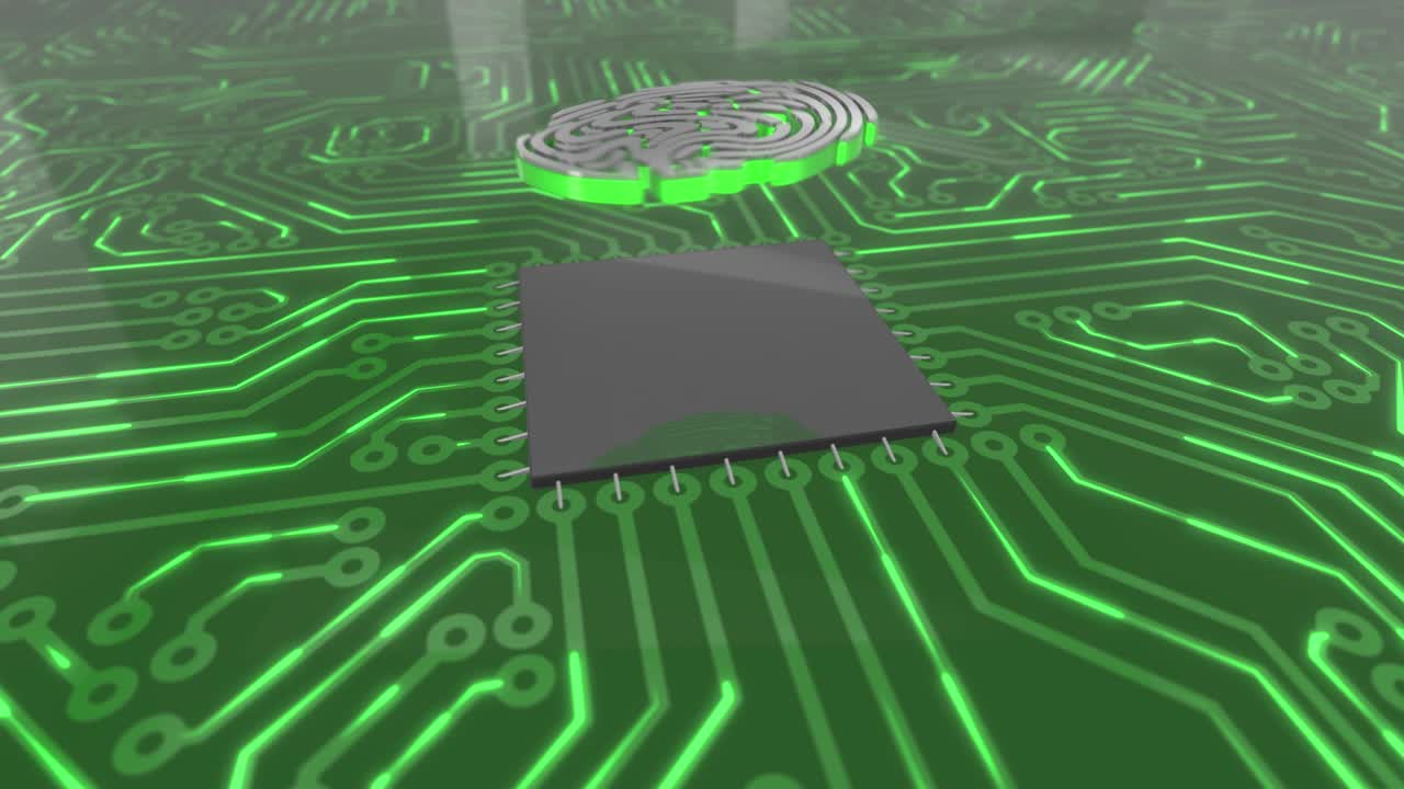 Dark green rotating computer circuit board concept fingerprint loop 4K