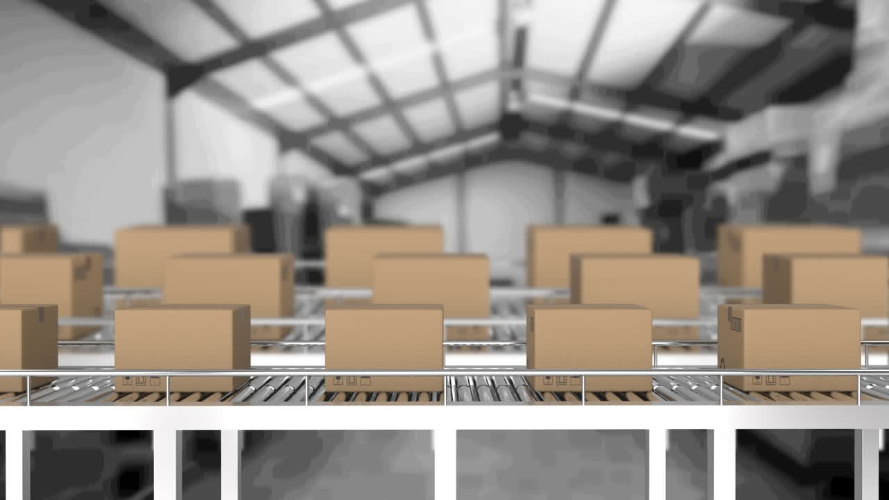 Animation of cardboard boxes moving on conveyor belts in warehouse