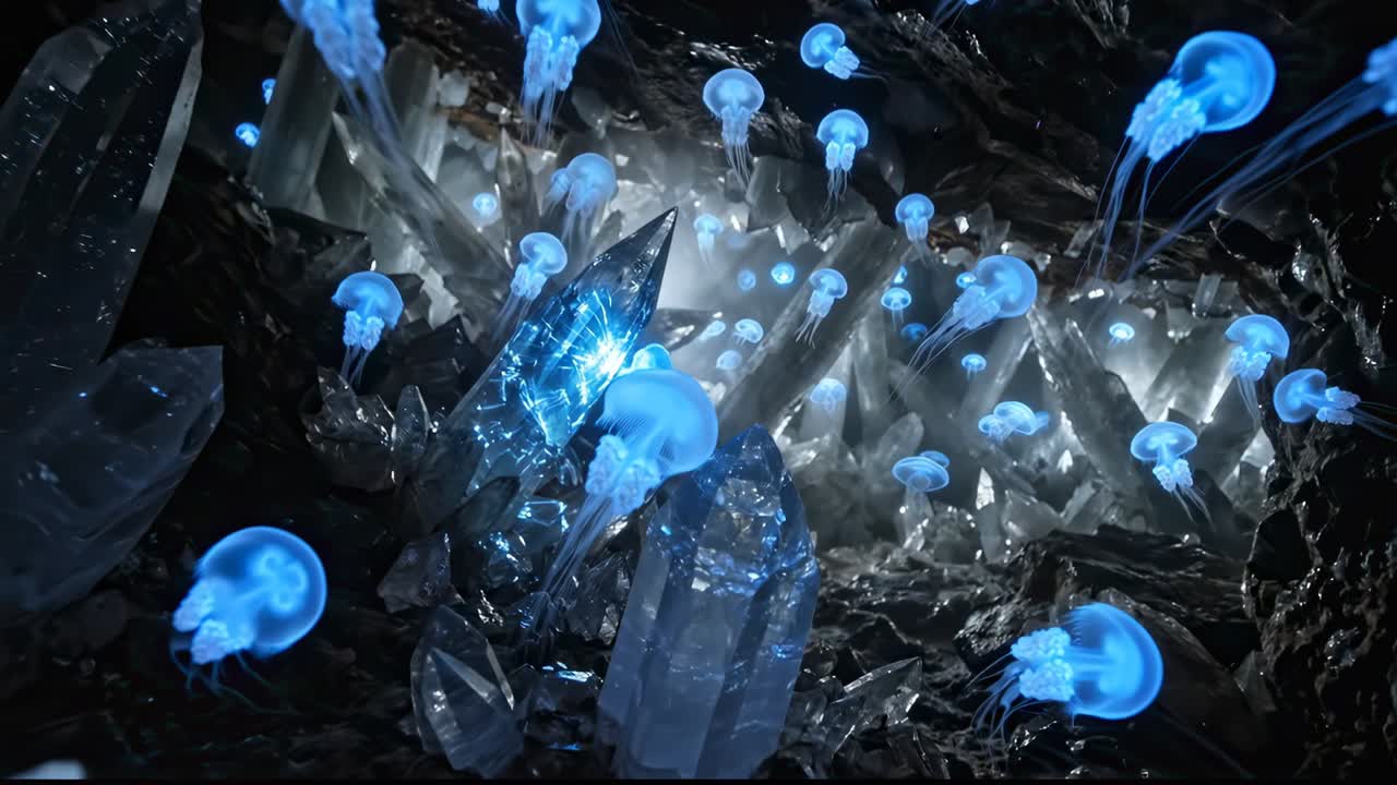 Água-Viva Azul Etérea Flutuando Entre Cristais Luminosos em uma Caverna Escura