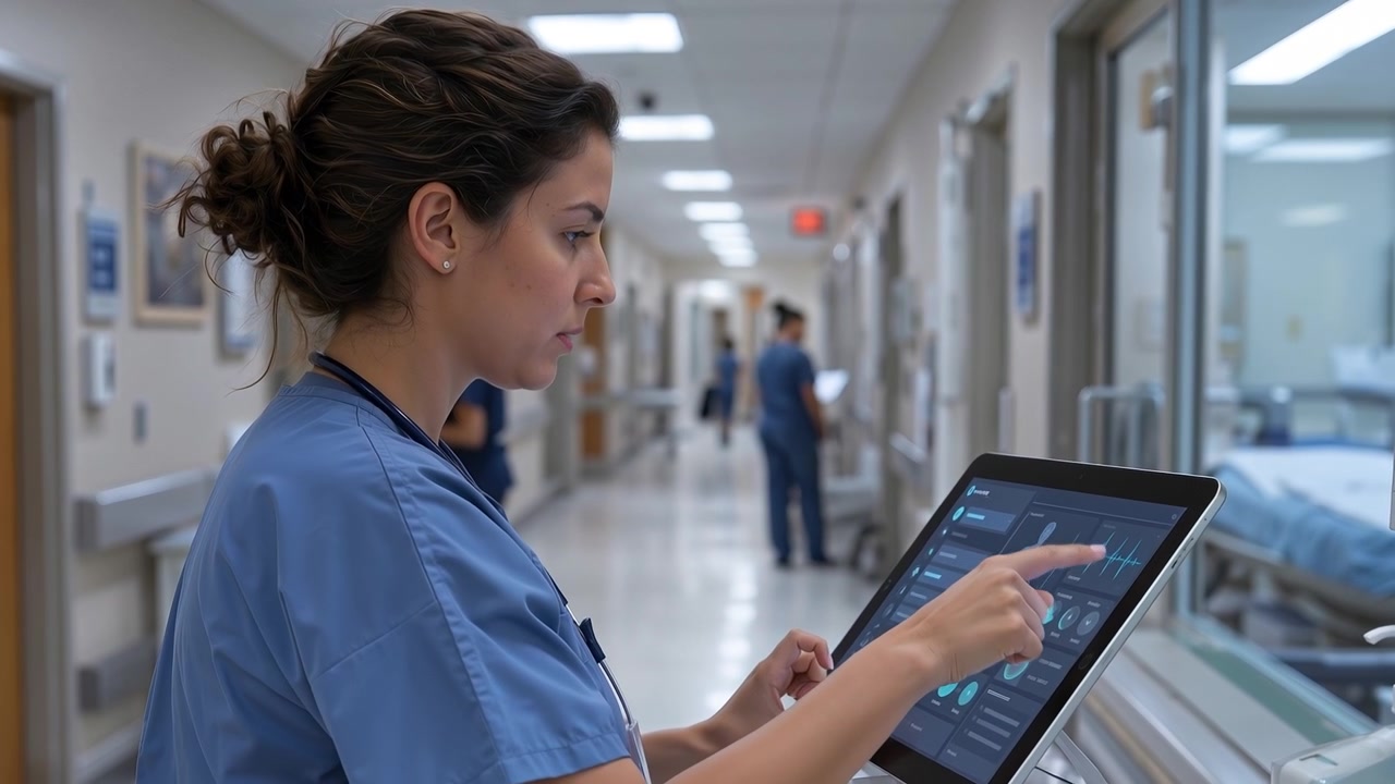 Female nurse in scrubs using a touchscreen digital medical monitor in a hospital corridor