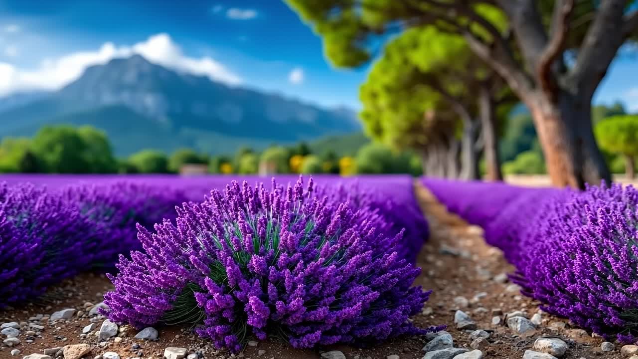 배경에 산이 있는 라벤더 꽃밭