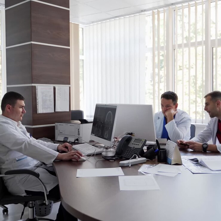 Médicos trabajando en el ordenador en la clínica. Médicos con ordenador e informe médico trabajando en el hospital
