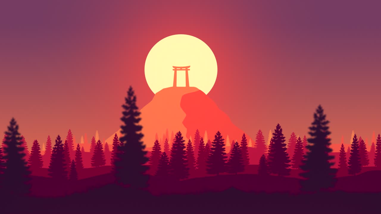 Flat animation of a Japanese forest in autumn