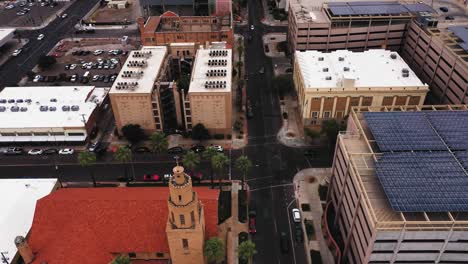 Aerial-view-of-a-downtown-intersection-before-a-storm-in-Phoenix,-Arizona