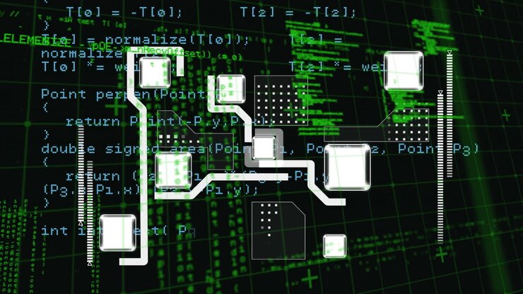 Animation of data processing and network of connections over grid