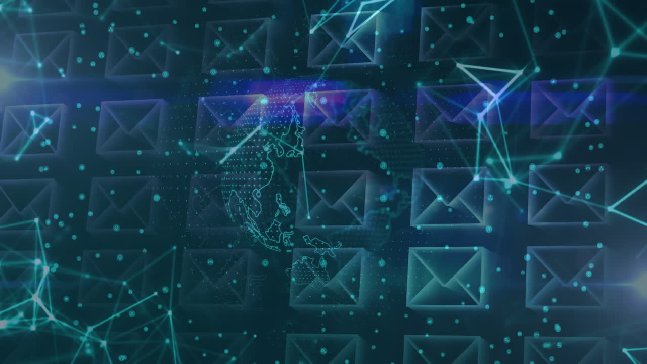 animación de iconos de correo electrónico y conexiones de red en el mundo digital