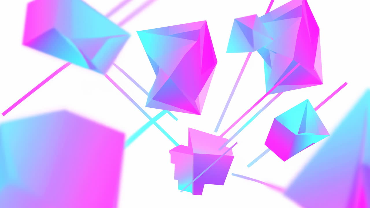 Abstraktit geometriset muodot liukuvärjätyillä väreillä, leijuen valkoisella taustalla